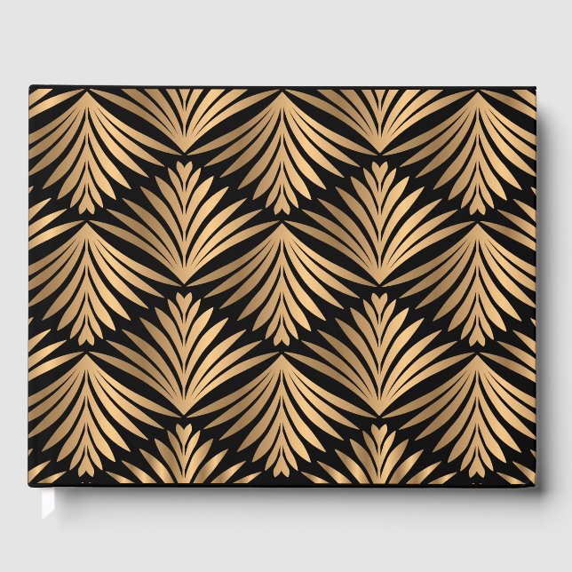 Black and Gold Art Deco Floral Gatsby Wedding Guest Book (Front)