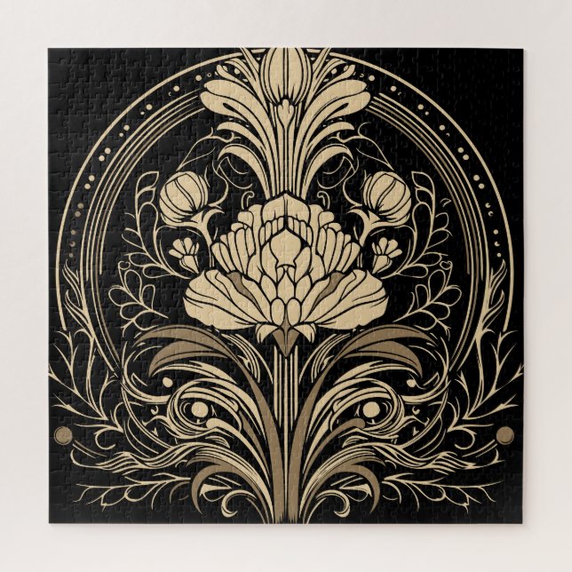 Black and Gold Art Deco Flower Square Jigsaw Puzzle (Vertical)