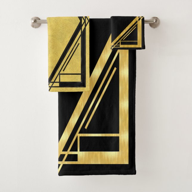 Black and Gold Art Deco Frame Bath Towel Set (Insitu)
