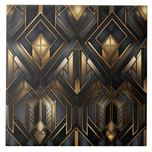 Black and Gold Art Deco Framed Diamonds Ceramic Tile
