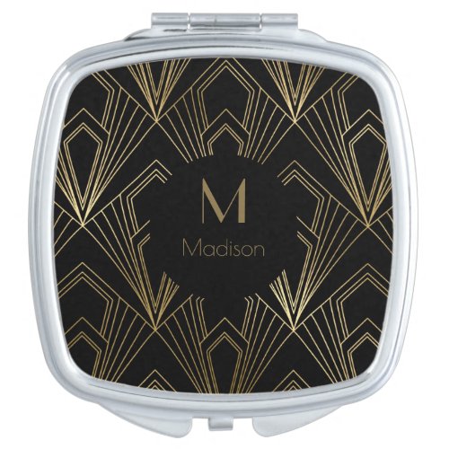 Black and Gold Art Deco  Gatsby Monogram Compact Mirror