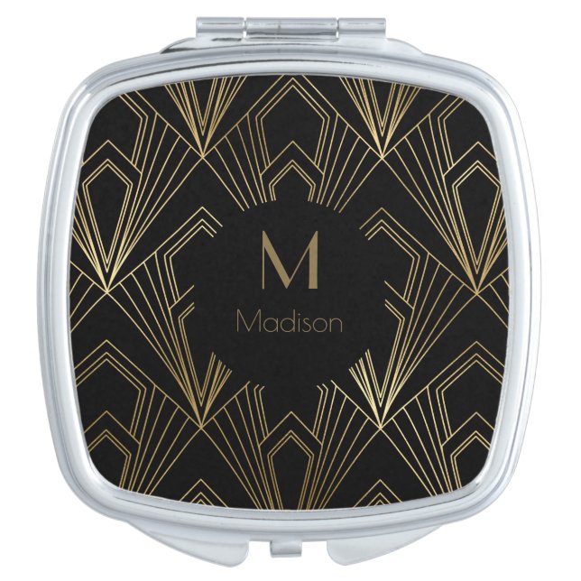 Black and Gold Art Deco | Gatsby Monogram Compact Mirror (Front)