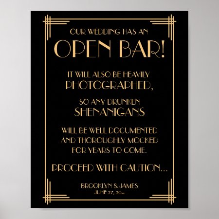 Black And Gold Art Deco Gatsby Open Bar Sign 8x10