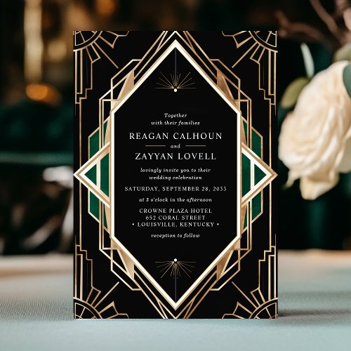 Black and Gold Art Deco Geometric Emerald Wedding  Invitation