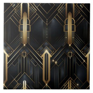 Black and Gold Art Deco, Geometric Fun Ceramic Tile