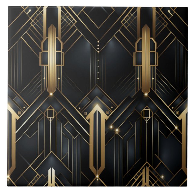 Black and Gold Art Deco, Geometric Fun Ceramic Tile (Front)