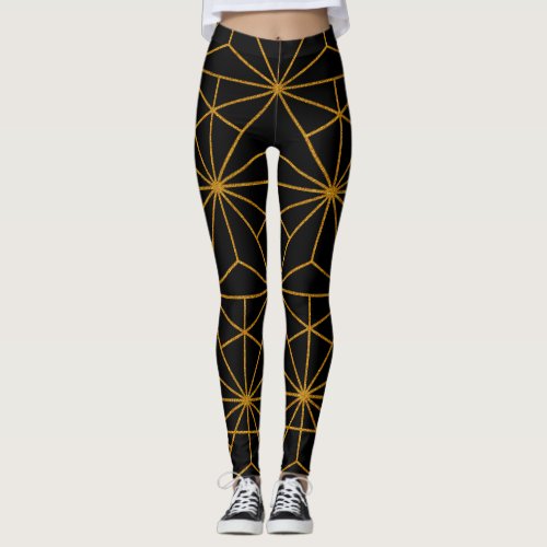 Black and gold art deco geometric pattern leggings