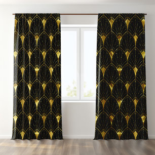 Black and gold art deco geometric pattern sheer curtains