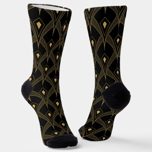 Black and gold art_deco geometric pattern socks