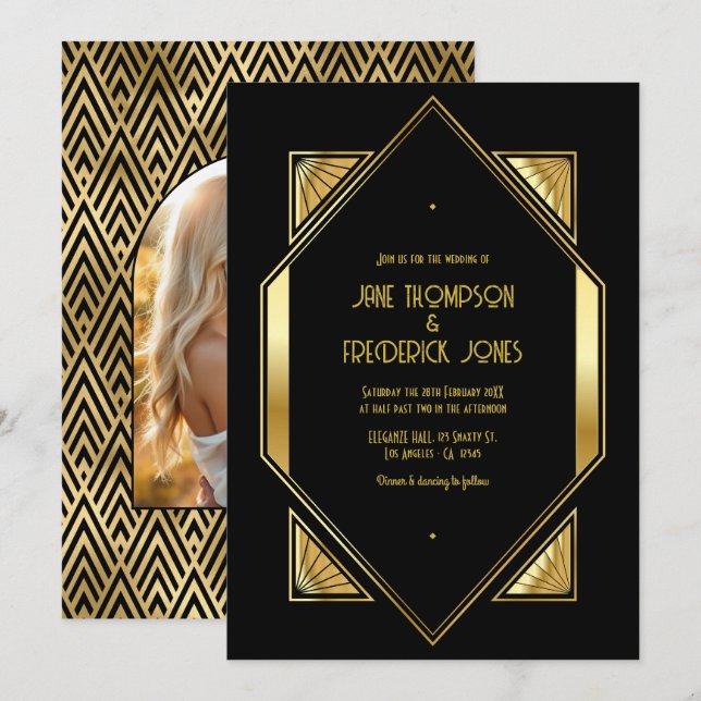 Black and Gold Art Deco Gold Wedding Photo Invitation (Front/Back)