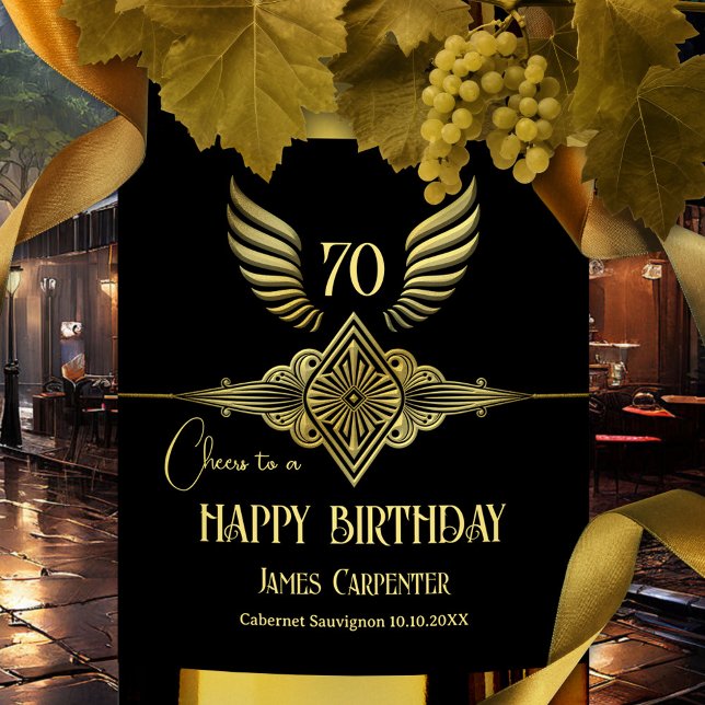 Black and Gold Art Deco Happy Birthday Wine Label (Retro art deco style unique  birthday wine label in classic black and gold)