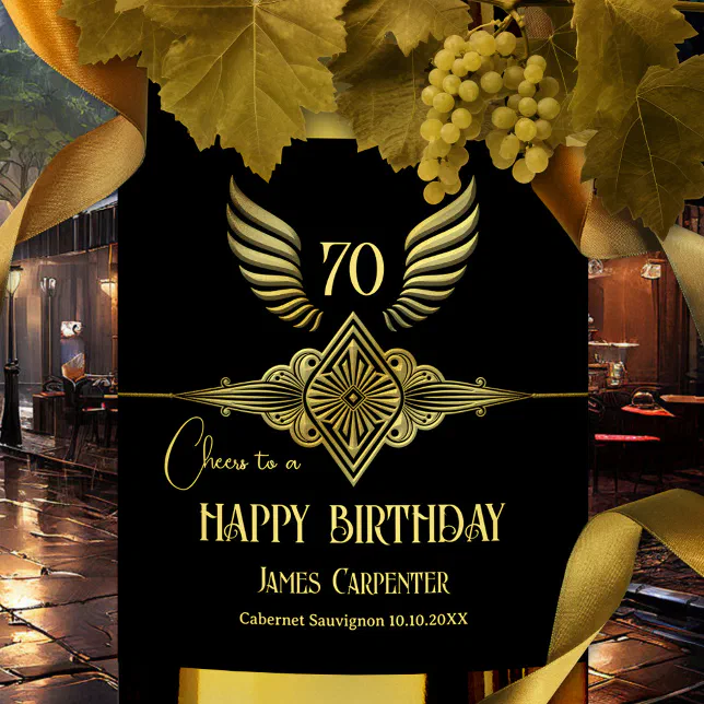 Black and Gold Art Deco Happy Birthday Wine Label | Zazzle