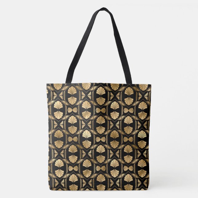 Black and Gold Art Deco Large Shoulder Tote Bag (Front)