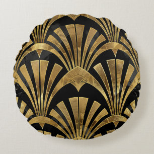 Black and gold art deco luxury pattern round pillow
