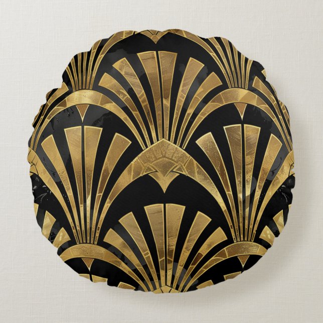 Black and gold art deco luxury pattern round pillow (Front)
