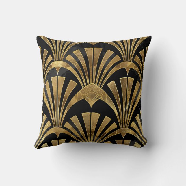 Black and gold art deco luxury pattern throw pillow (Back)