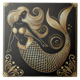 Black and Gold Art Deco Mermaid Line Art Ceramic Tile