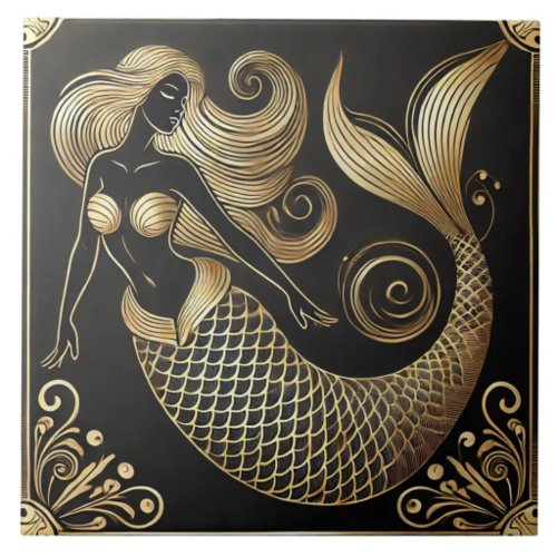 Black and Gold Art Deco Mermaid Line Art Ceramic Tile