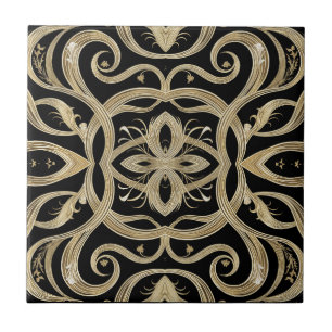 Black and Gold Art Deco Ornate Design Ceramic Tile