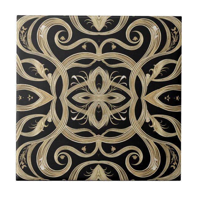 Black and Gold Art Deco Ornate Design Ceramic Tile (Front)