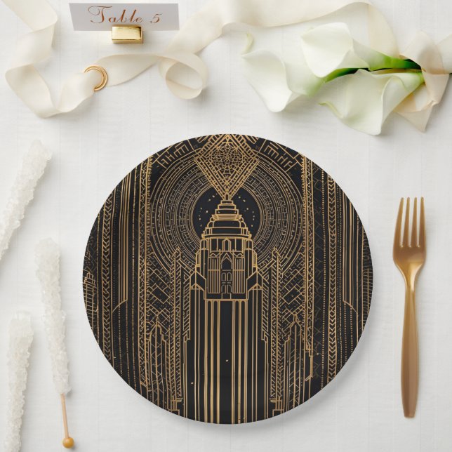 Black and Gold Art Deco Paper Napkin Plates (Wedding)