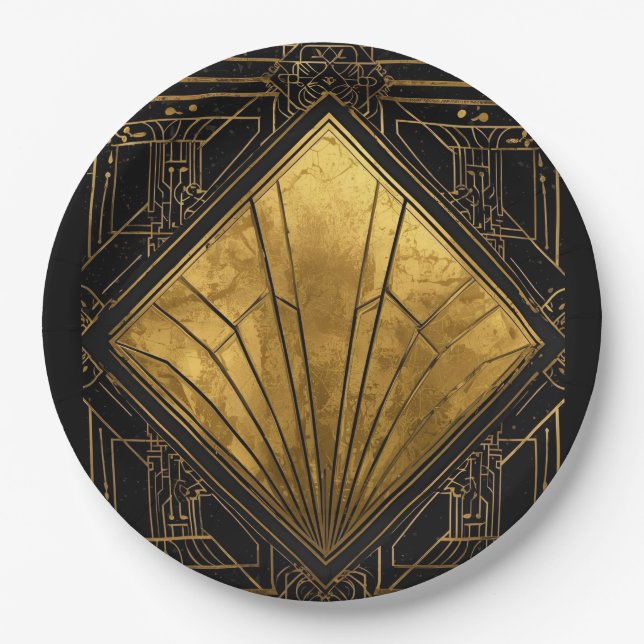 Black and Gold Art Deco  Paper Plates (Front)