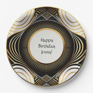 Black and Gold Art Deco Paper Plates Personalized