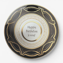 Black and Gold Art Deco Paper Plates Personalized