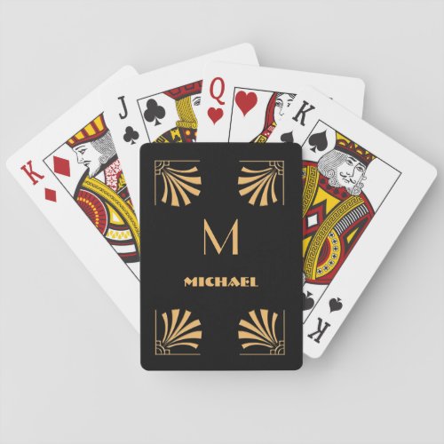 Black and Gold Art Deco Pattern  Monogram  Name Poker Cards