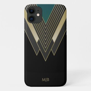 Black And Gold Art Deco Pattern With Monogram Iphone 11 Case by encore_arts at Zazzle