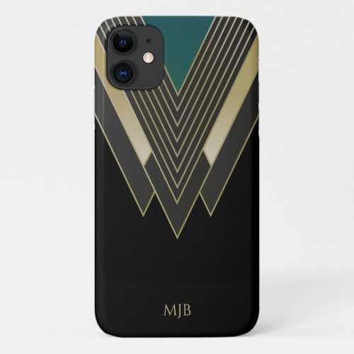Black and Gold Art Deco Pattern with Monogram iPhone 11 Case