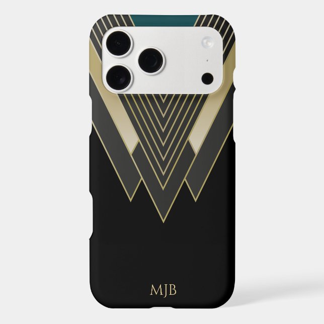 Black and Gold Art Deco Pattern with Monogram Iphone Case (Back)