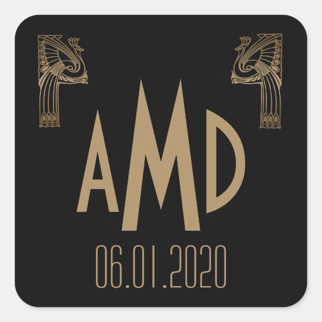 Black and Gold Art Deco Peacock Monogram Sticker (Front)