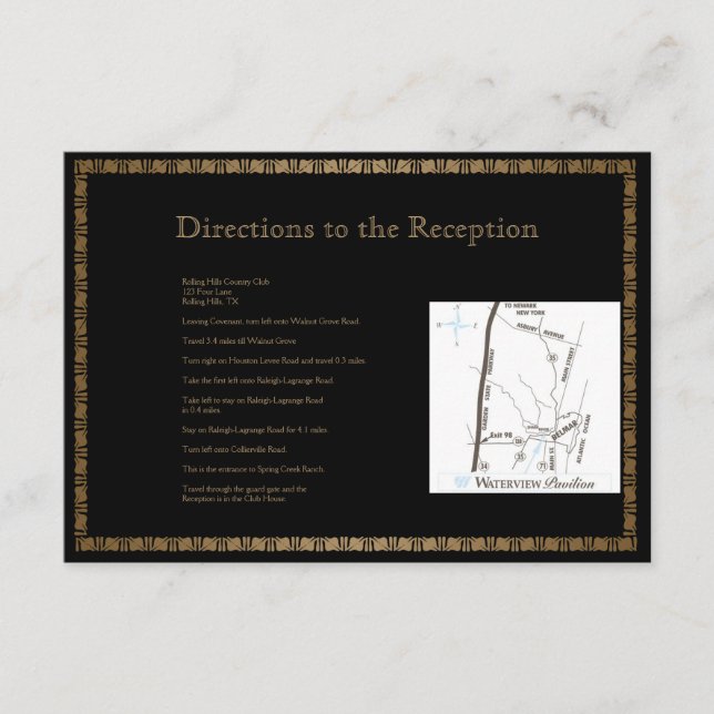 Black and Gold Art Deco Peacock Wedding Directions Enclosure Card (Front)