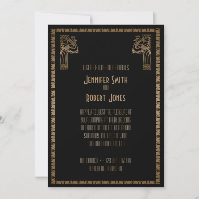 Black and Gold Art Deco Peacock Wedding Invitation (Front)
