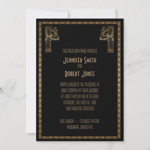 Black and Gold Art Deco Peacock Wedding Invitation