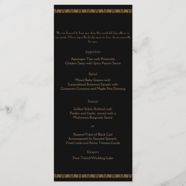 Black and Gold Art Deco Peacock Wedding Menu (Front)