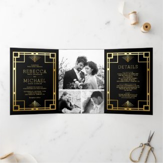 Black and Gold Art Deco Photo Collage Wedding Tri-Fold Invitation