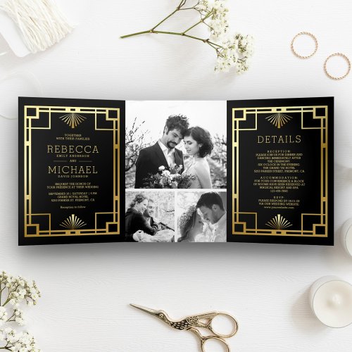 Black and Gold Art Deco Photo Collage Wedding Tri_Fold Invitation