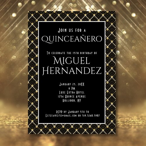 Black and Gold Art Deco Quinceaero 15th Birthday Invitation
