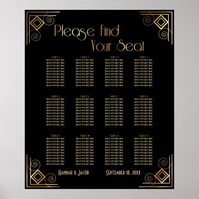 Black and Gold Art Deco Reception Seating Chart (Front)