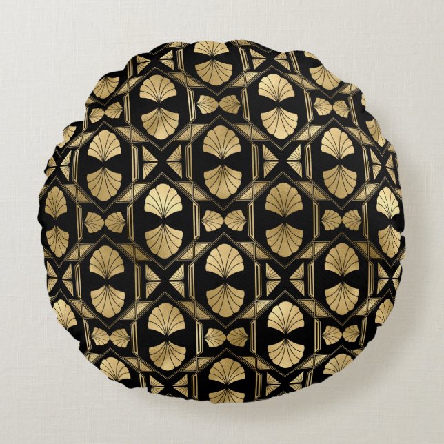 Black and Gold Art Deco Round Throw Pillow (Front)