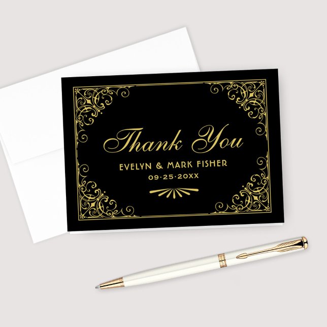 Black and Gold Art Deco Scrollwork Wedding Thank You Card (Creator Uploaded)