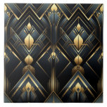 Black and Gold Art Deco style,  Ceramic Tile<br><div class="desc">This ceramic tile has a shiny black and gold pattern that looks like Art Deco wallpaper. The design has lots of neat shapes and lines that fit together perfectly, creating a symmetrical look. It's smooth, shiny, and has a fancy feel to it. This tile can make any space look more...</div>