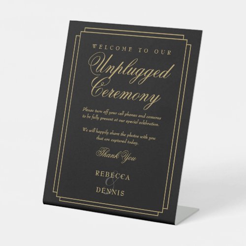 Black And Gold Art Deco Unplugged Wedding Ceremony Pedestal Sign