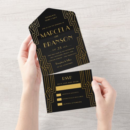 Black and Gold Art Deco Wedding All In One Invitation