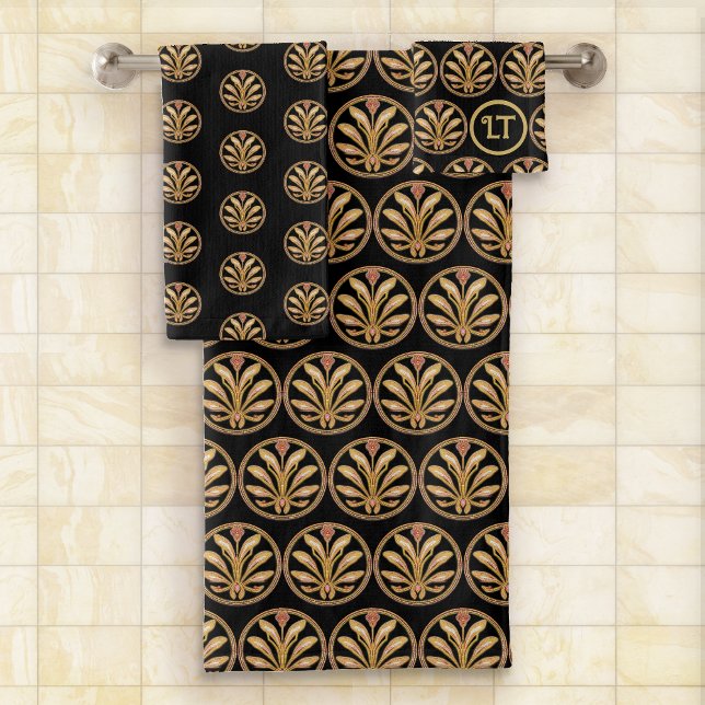 Black and Gold Art Nouveau motif - Add Your Name Bath Towel Set (Creator Uploaded)