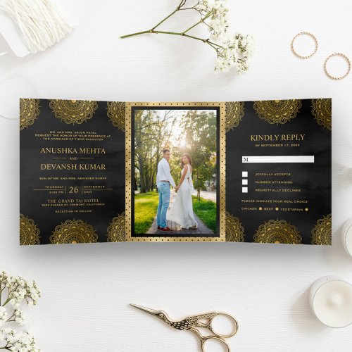 Black and Gold Asian Mandala Indian Wedding Tri_Fold Invitation