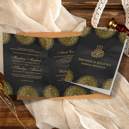 Black and Gold Asian Motif Muslim Wedding Invitation