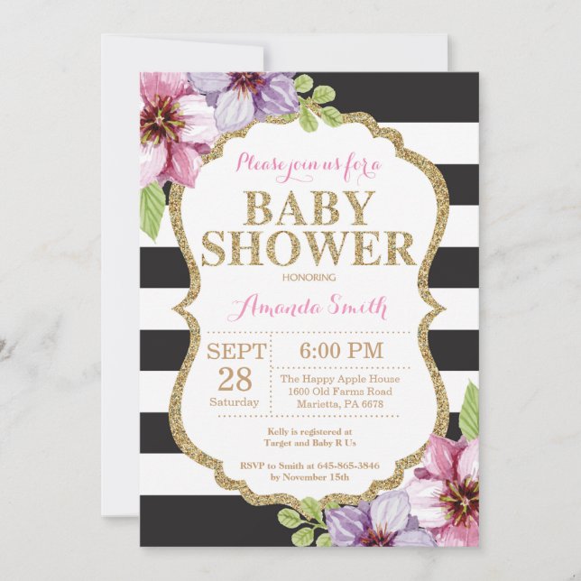 Black and Gold Baby Shower Invitation Glitter (Front)